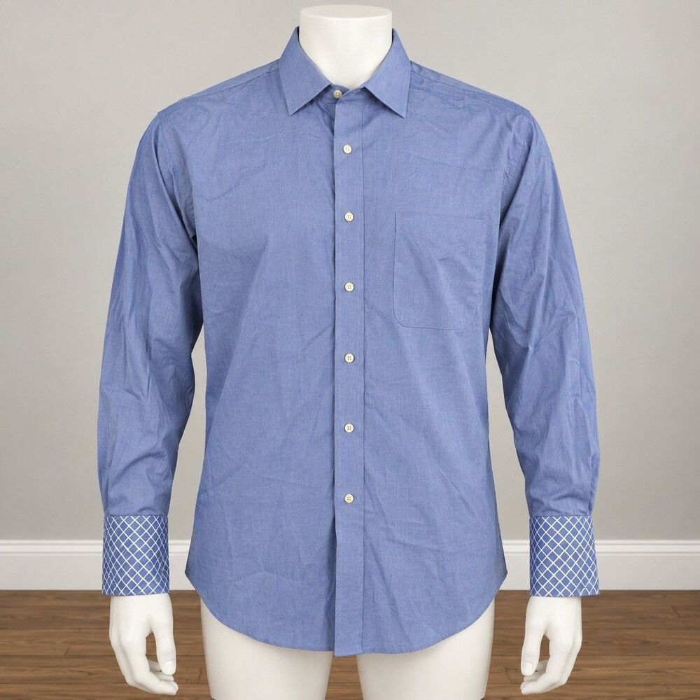 Tommy Hilfiger TLC Dress Shirt Mens L 16.5 32-33 Blue Contrast Cuff Preppy